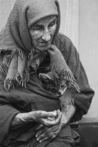 Читай;  Cидела у подъезда на скамейке, Помятая, в разбитых башмаках Бездомная старушка в телогрейке С котёночком приблудным на руках.