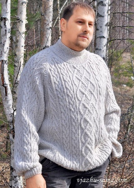 Вяжем:  Мужской свитер с рукавами реглан Вязанный спицами свитер для мужчин Размер 54-56 Вам потребуется 1000 г белой пряжи 50 шерсти, 50