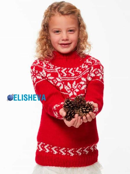 Вяжем:  Свитер для девочки с жаккардовым узором Снежинки , вязаный спицами Данная модель свитера рассчитана для девочек от 2 до 8 лет.